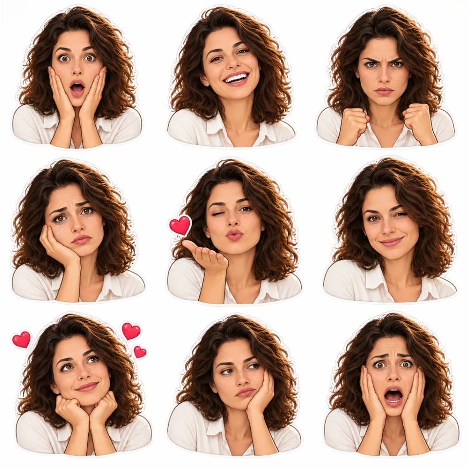 Crea un pacchetto di 9 sticker emozionali